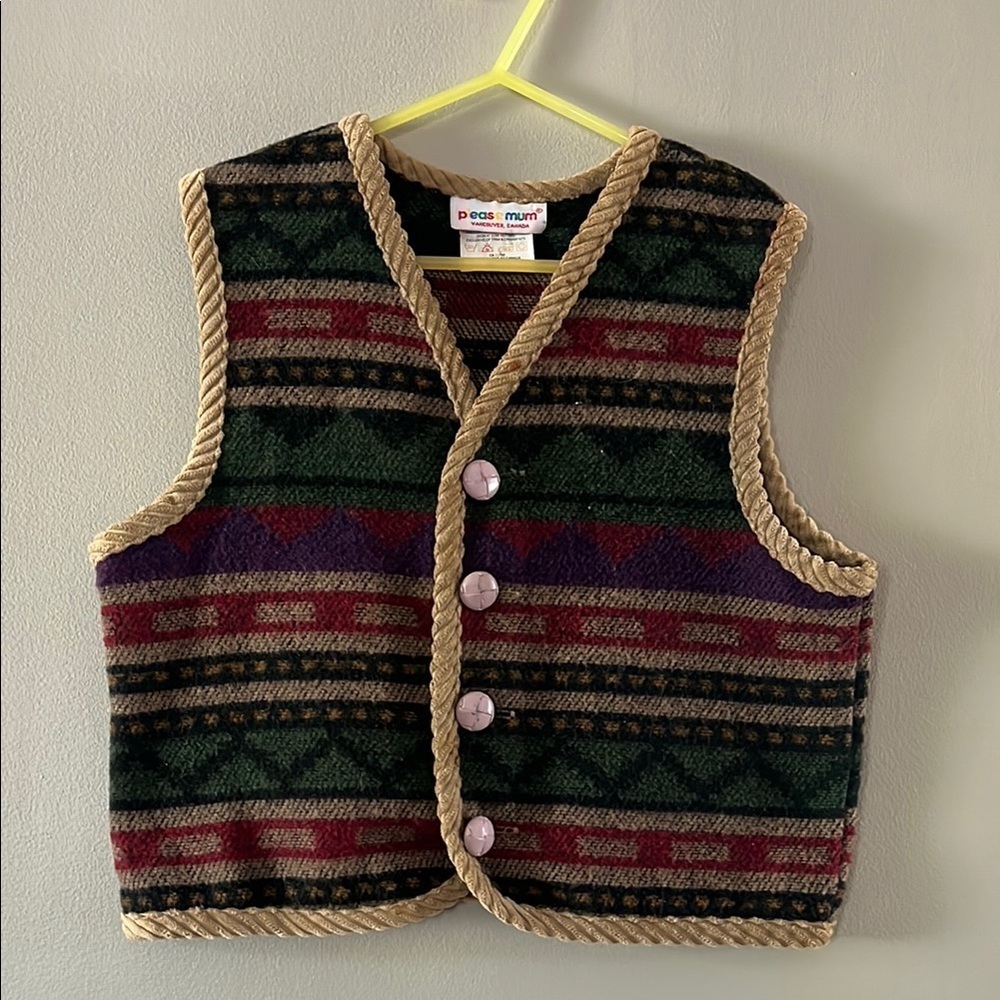 Vintage Please Mum Colorful Patterned Vest with Rope Trim